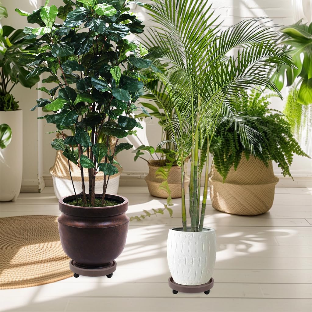 HASTHIP Plant Pot Stand for Indoor and Outdoor Use with 4 Wheels and 8.6 in Tray | Resin Brown