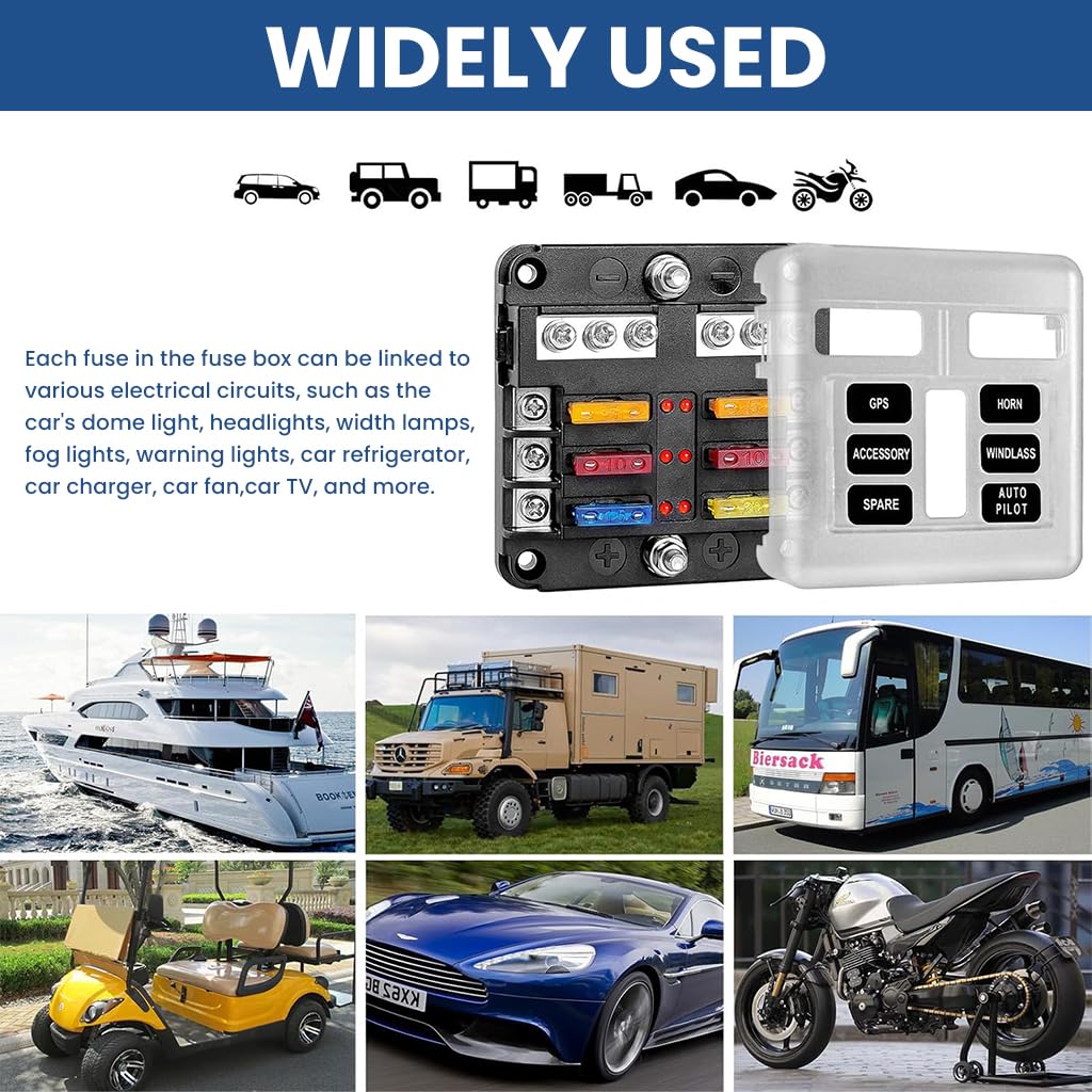 STHIRA Automotive Fuse Block Panel Kit for 12V 24V Systems with LED Indicators & Bus Bars