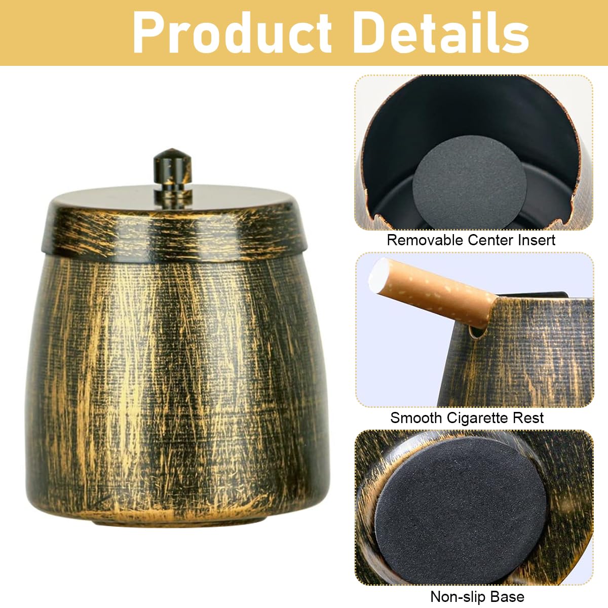 HASTHIP Ashtray for Cigarette with Lid for Car and Home featuring 11x11 cm Metal Design | Smoke Control and Detachable Pillar