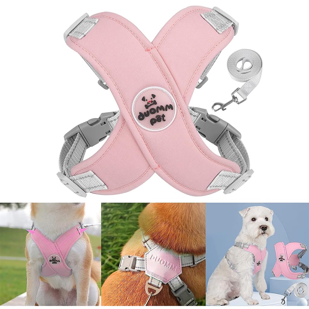 Qpets Dog Harness Leash Set for Small Dogs with 4 Adjustable Straps and Reflective Strap | Pink Nylon Breathable Vest 42–52cm Chest