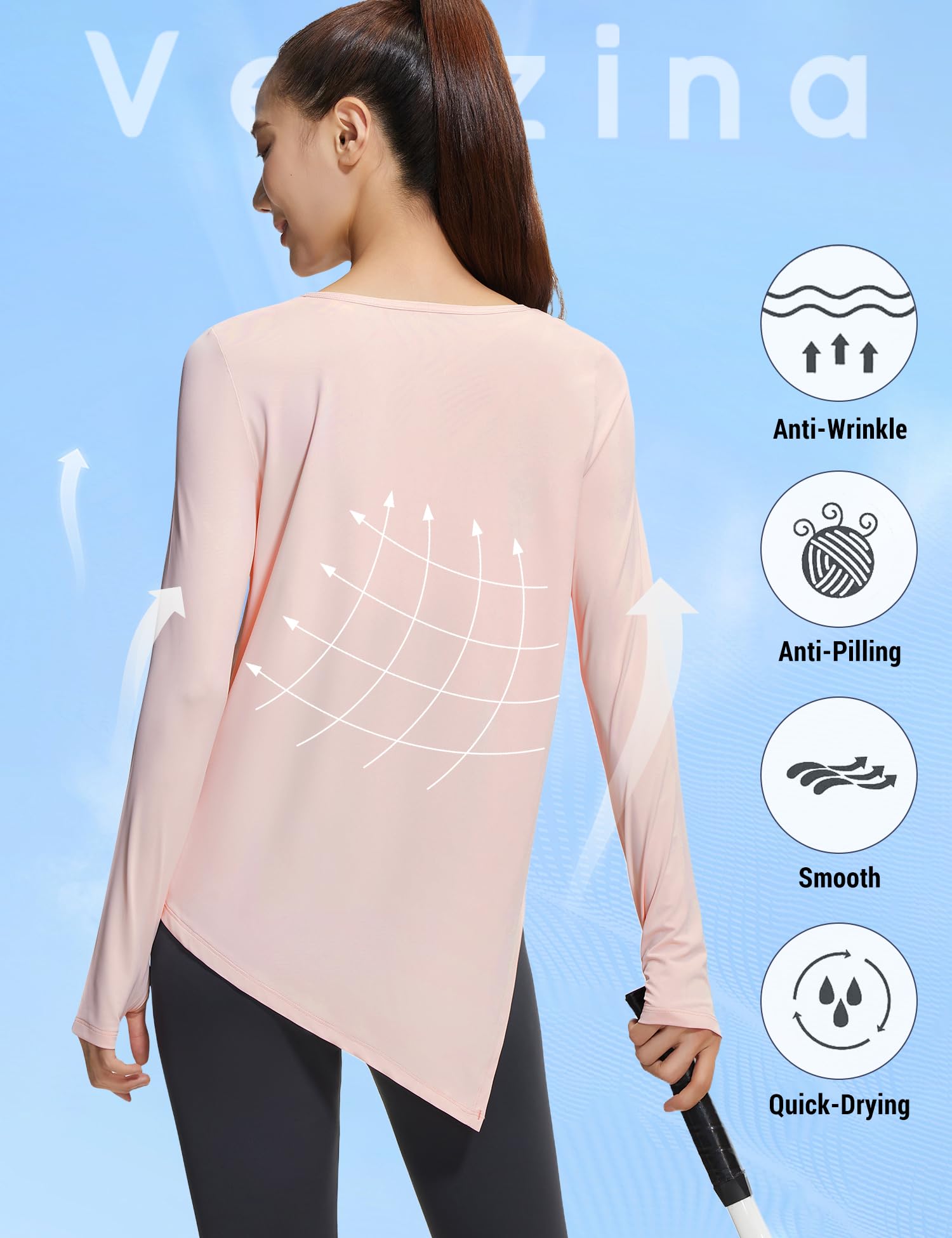 Venzina Women’s Slim Long Sleeve Top for Yoga and Running with UPF50+ and Thumbholes | Light Pink