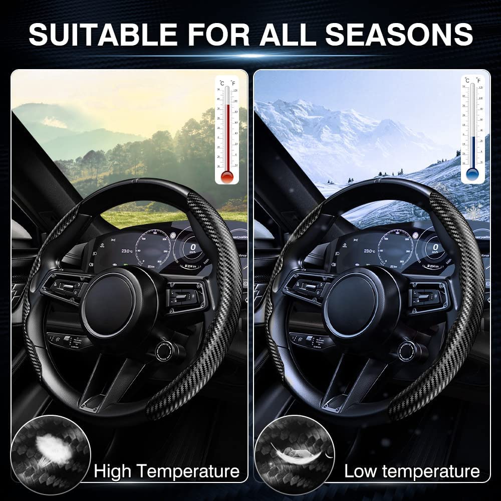 Sthira Carbon Fiber Steering Wheel Cover for 14 15 16 in Cars with Anti Slip Grip | Universal Fit
