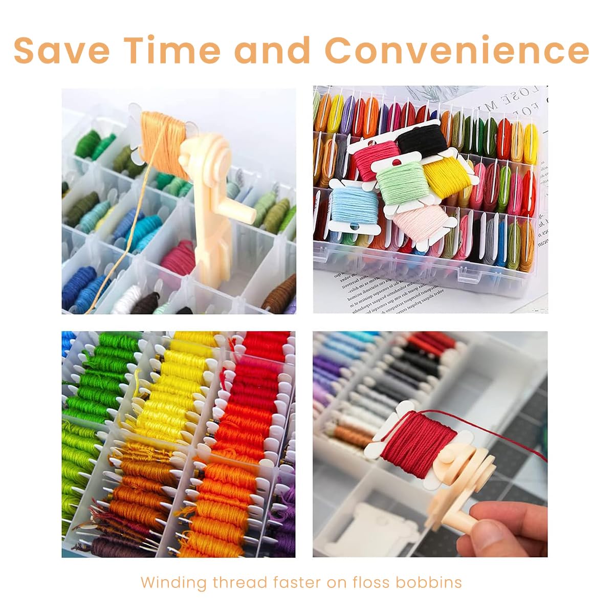 HASTHIP Plastic Thread Bobbins Holder for Cross Stitch and Embroidery with Bobbin Winder | 100 Pcs 1.57 in Yarn Organizer