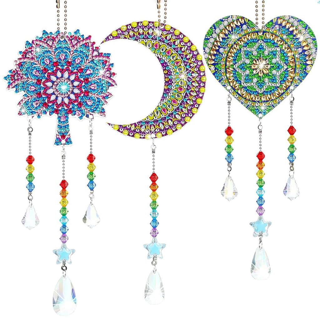 HASTHIP® 3pcs DIY Diamond Painting Kit for Kids & Adults Mandala Wind Chime DIY, with Tools and Accessories, 20cm/7.87 Inches