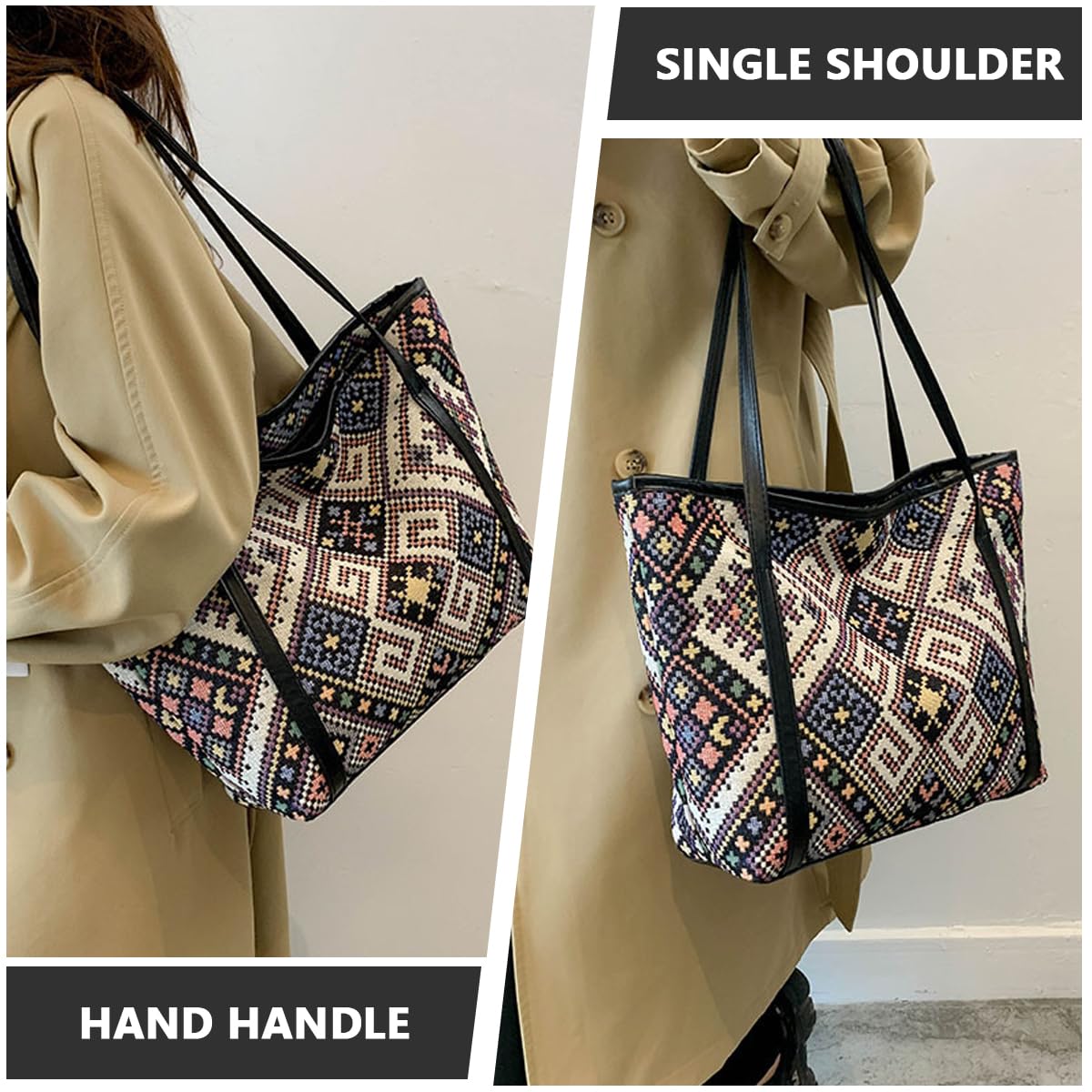 PALAY Tote Bag for Women Vintage Jacquard Print HandBags With Zipper Closure Leather Large Capacity Shoulder Bag for Shopping, Commuting, School