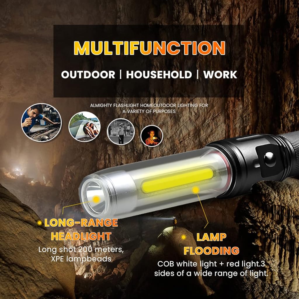 ZORBES® LED Flashlight Outdoor Baton,Waterproof Flashlight USB Rechargeable Camping Light Stick with Red Warn Light Magnetic,LED Flashlight for Car Repairing, Emergency