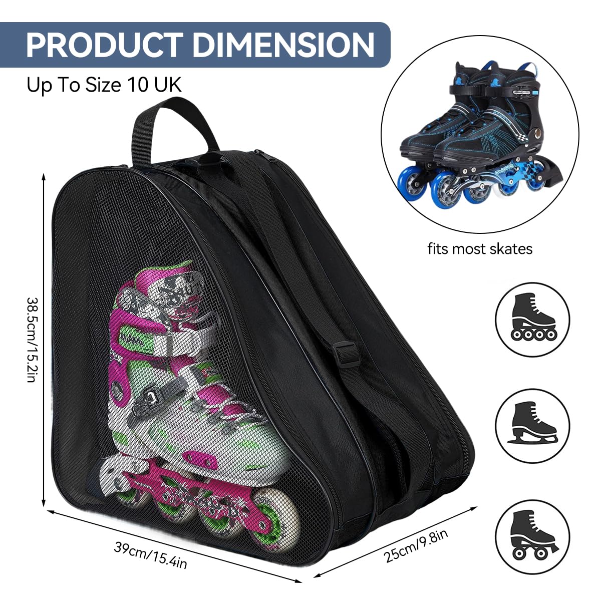 Proberos® Roller Skate Bag Skating Shoes Carry Bag with Handle & Shoulder Strap Multi Pockets Skating Gear Storage Bag Carry Bag Carry On Bag for Ice Skating, Roller Skating, 41x25x39cm