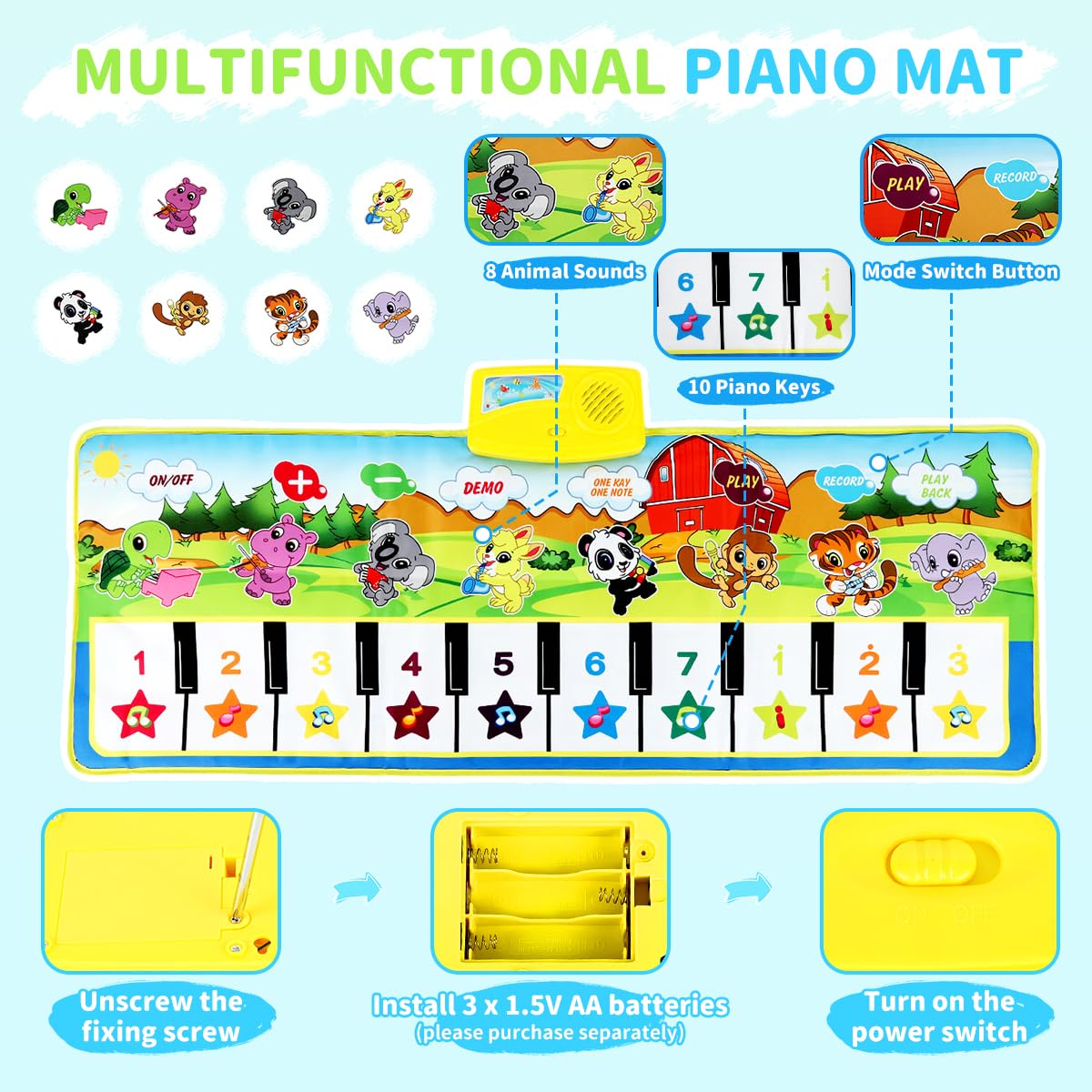 PATPAT Kids Piano Keyboard Musical Mat for Toddlers with 8 Instrument Modes 100×36cm | Foldable Non Toxic Fabric Play Toy