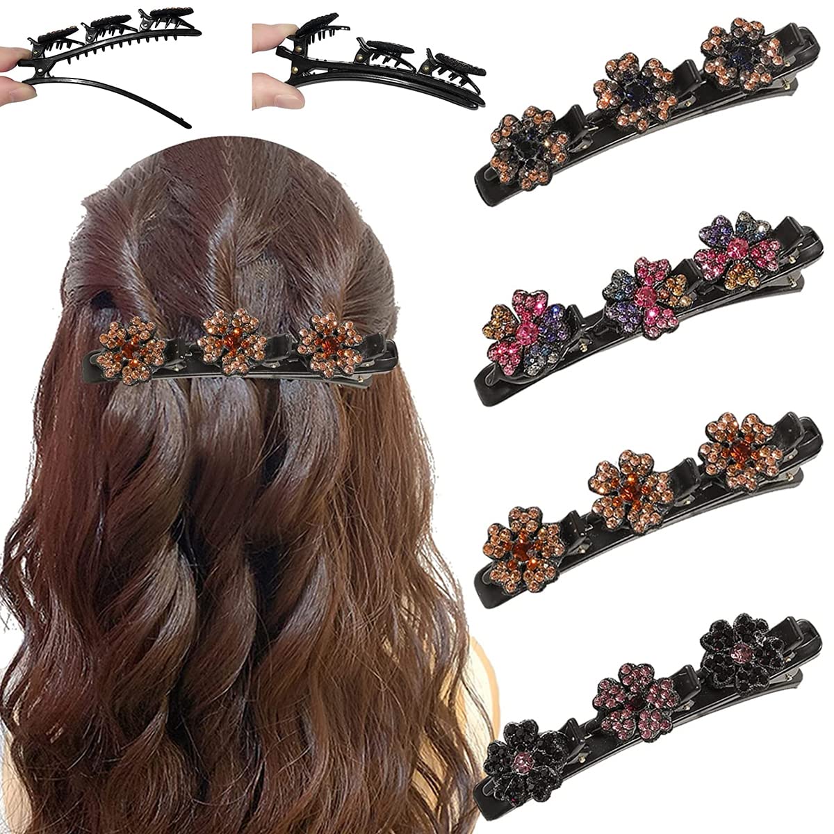 PALAY® 4pcs Sparkling Braided Hair Clips for Women Girls Crystal Stone Hair Braid Accessories Fashion Hairpins Hair Styling Sectioning Clips for Thick Hair