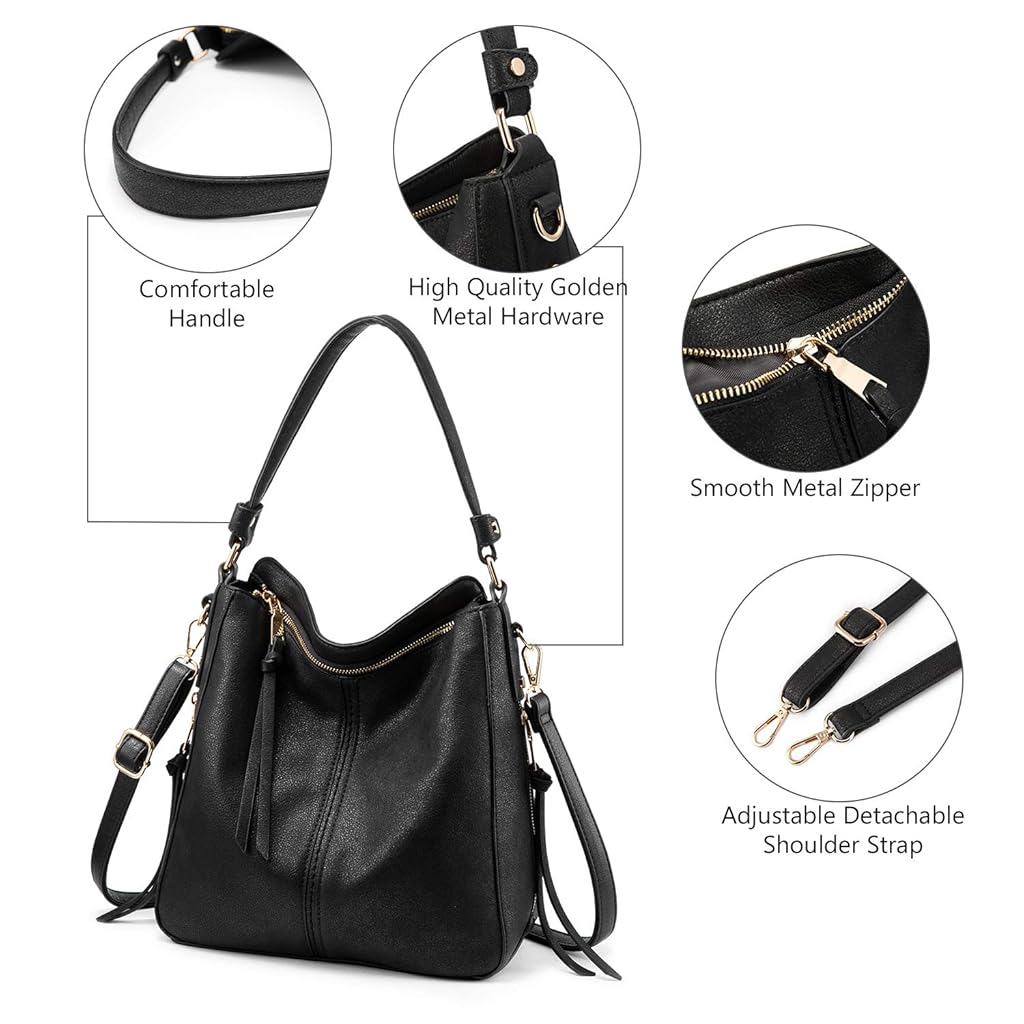 ZIBUYU® Tote Handbag for Women Fashion Faux Leather Classic Shoulder Crossbody Bag Lady Girl Solid Color Black 3 PCS