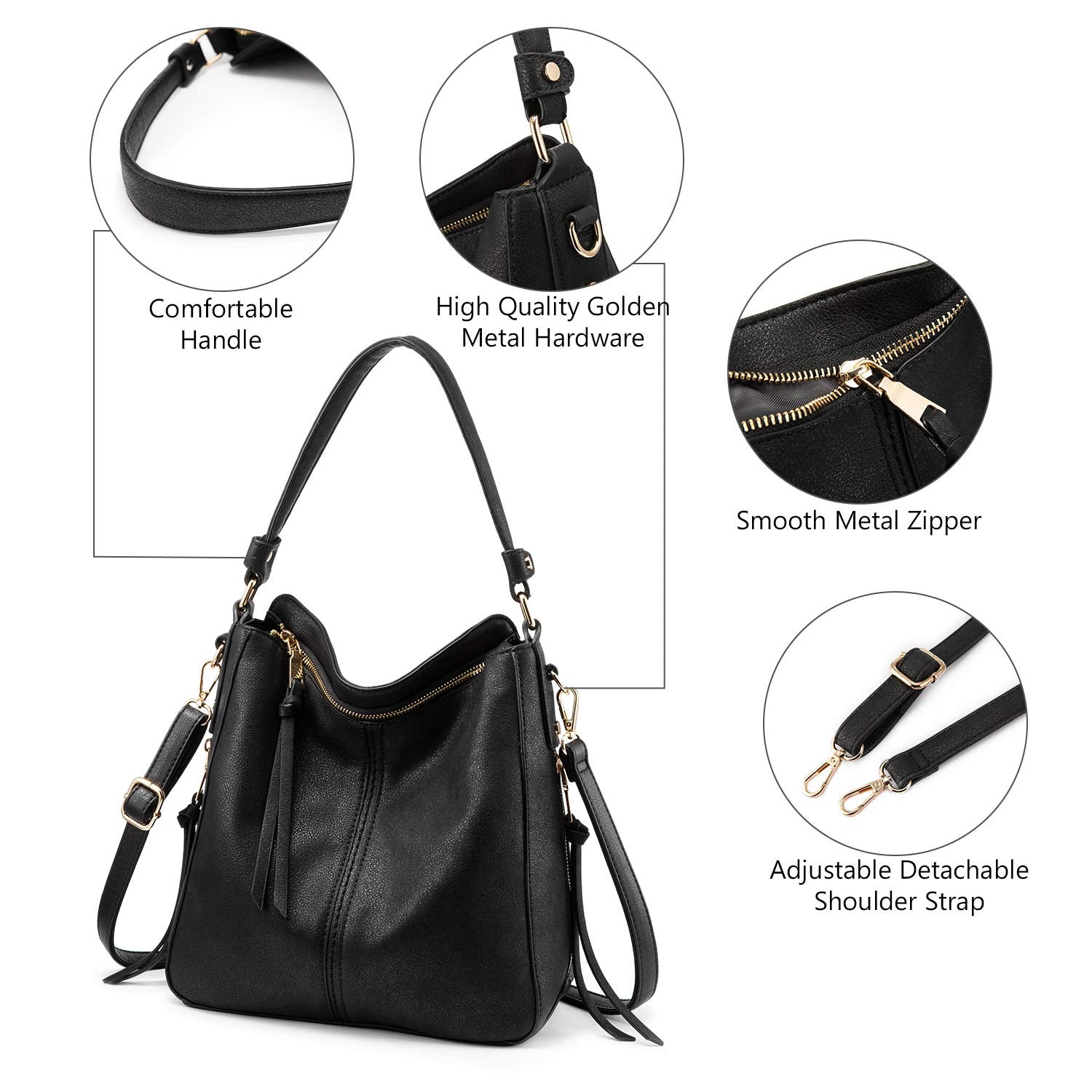 PALAY® Solid Color Handbag for Lady Girl with Fashion Faux Leather Classic Shoulder Crossbody Bags- Black