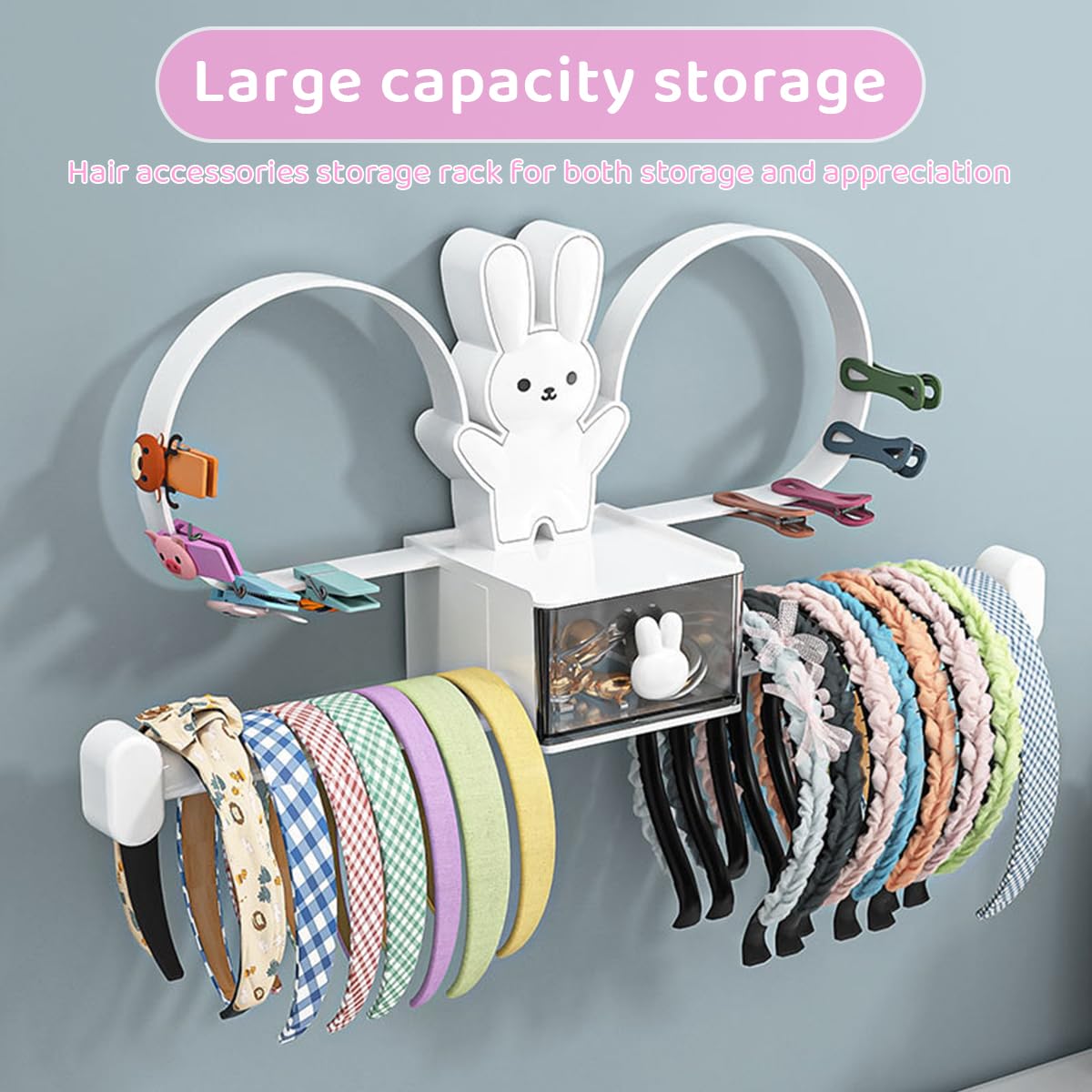HASTHIP Headband Holder Organizer for Girls with Double Layer Design and Drawer | Cute Bunny Décor