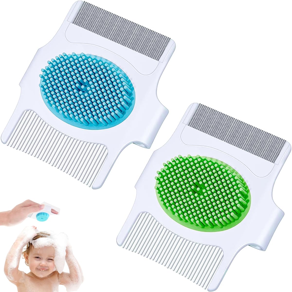 SNOWIE SOFT® Deluxe Baby Hair Brush & Comb Set 2pcs - 3-In-1 Gentle Grooming Kit, Soft Rubber & Detangling Bristles, Easy-Grip Handle, Lice Removal & Scalp Massage for Newborns & Toddlers