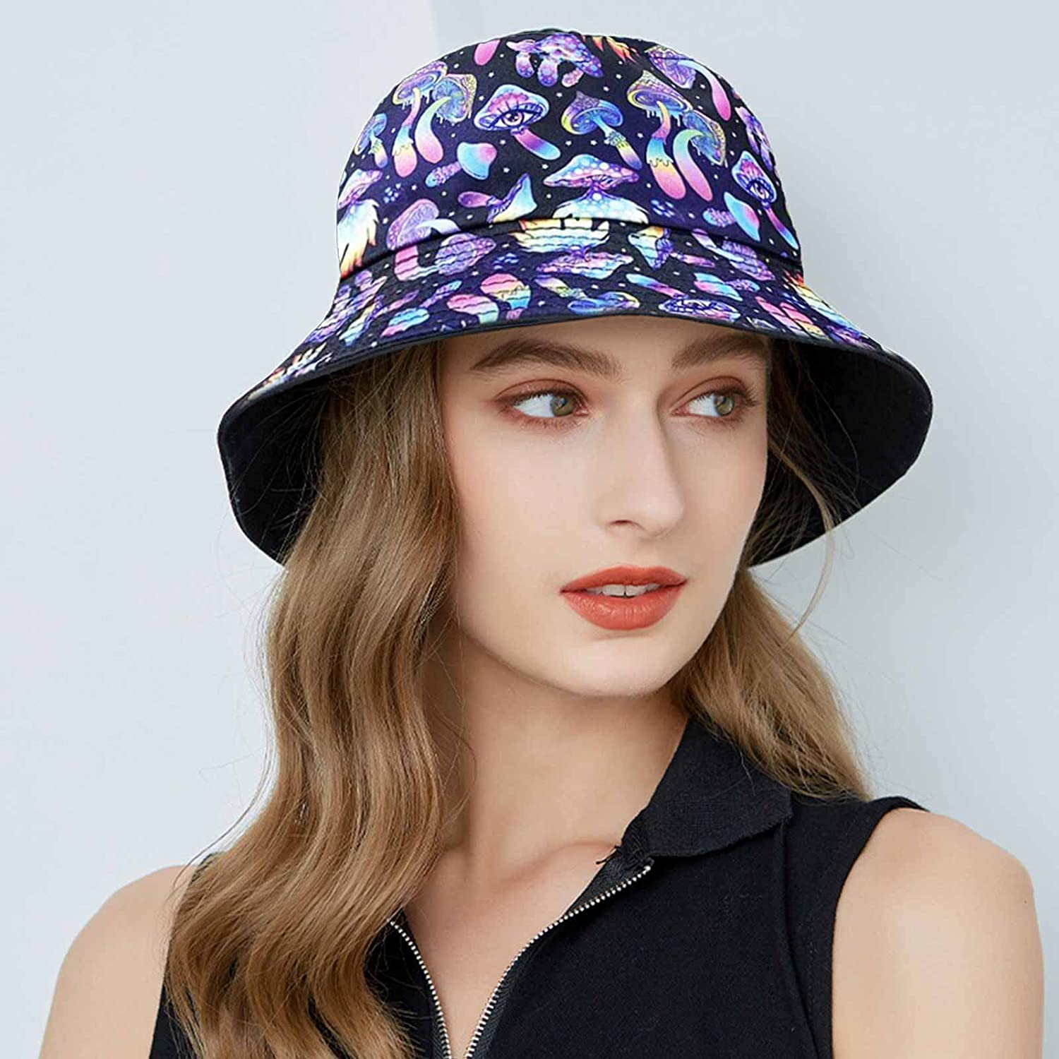 PALAY Digital Print Bucket Hat for Men Women Fashion Color Mushroom Print Beach Hat Cap for Travel, Hiking, Outdoor Fisherman Cap