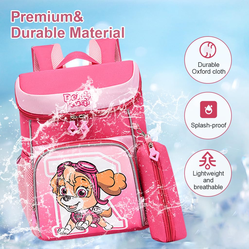 PALAY® School Backpack Paw Patrol Schoolgirls Backpack with Pencil Pouch Travel Backpack Pink Sky Cartoon Print Book Bag Gift for Girls School Gift for Kids 5-8 Years Old