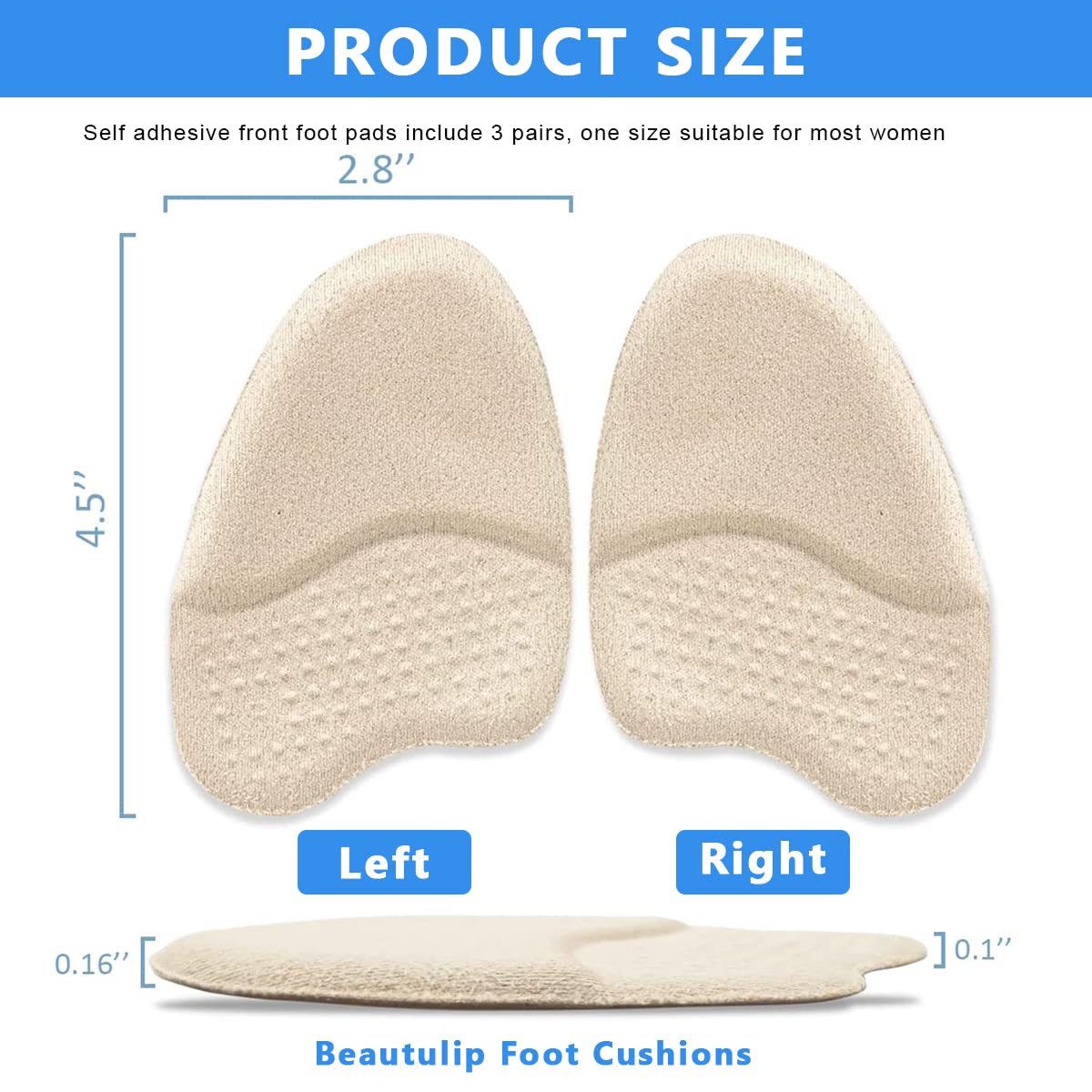 PALAY Forefoot Insoles for Metatarsal Support with Anti Slip Dots and 3 Pairs 14×9cm | Gel and Suede Cushions for Foot Pain Relief