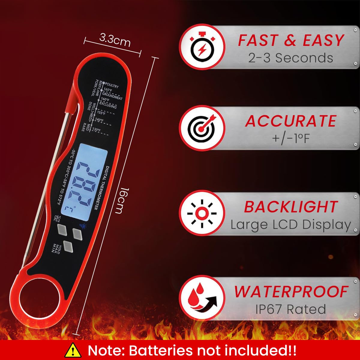 HASTHIP® Meat Thermometer Digital for Grilling and Cooking, Waterproof Ultra-Fast Instant Read Food thermometers with Folding Probe Backlight & Calibration for Kitchen, Deep Fry, BBQ, Grill