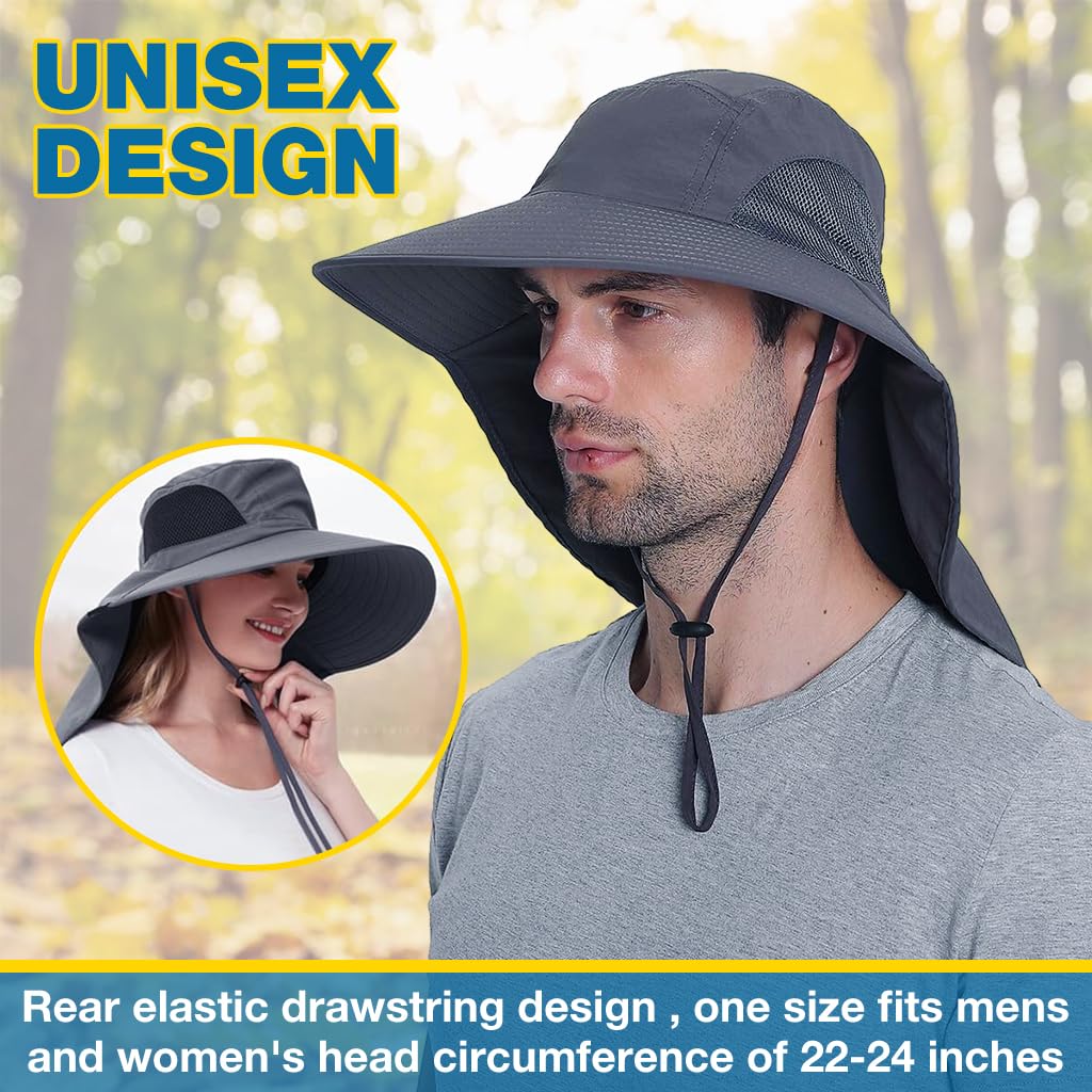 GUSTAVE Sun Hat for Men with 4.9 in Wide Brim and Neck Flap | Quick Dry Polyester Cap