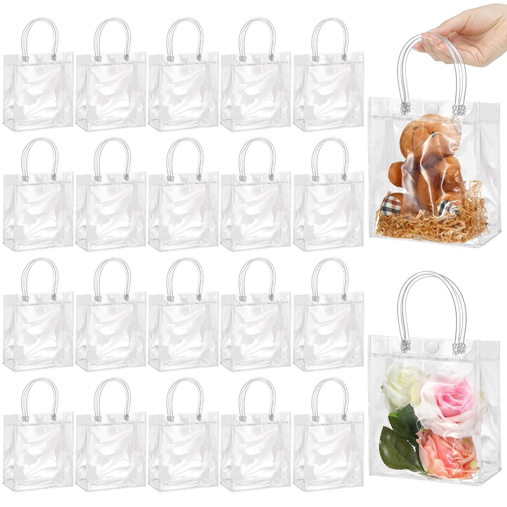 HASTHIP® 20Pcs PVC Clear Gifting Handbags 20x20cm Transparent Wedding Favor Bags, Reusable Token Gift Packing Bags for Party, Candy, and Small Presents