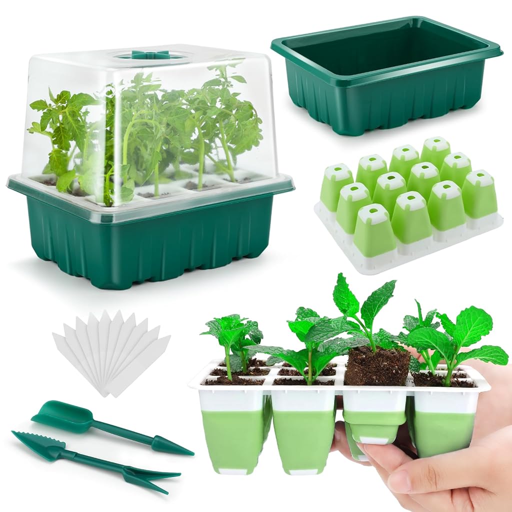 HASTHIP® Seed Starter Tray with 12-Seeding Pots Reuseable Silicone Multi Seed Start Tray with Ventilation Clear Lid & Drip Tray, 2 Dual-head Seeding Tools, Transplanting Mat, 10 Blank Lables