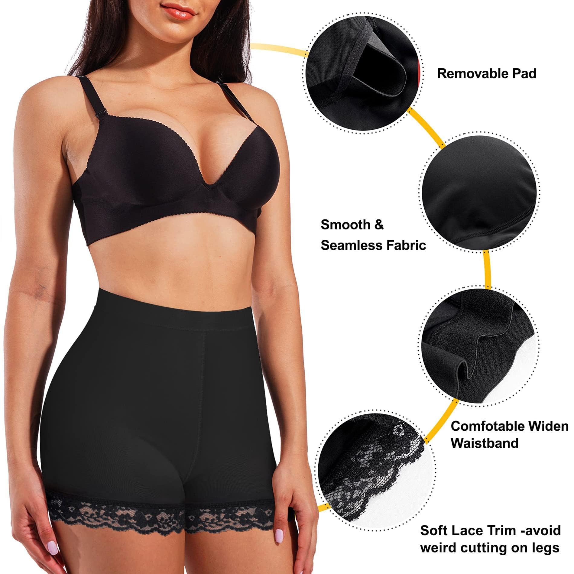 ZIBUYU® Women Butt Lifter Panties Padded Shapewear Hip Enhancer Panties Lace Pads Shorts Seamless Underwear Tummy Control Boyshorts, L, Black