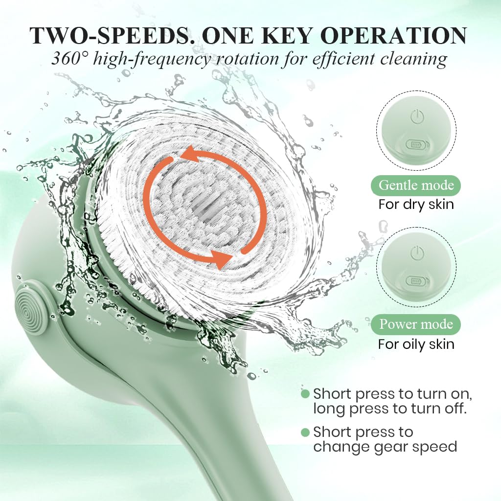 HANNEA Electric Bath Brush with 4 Brush Heads and 180° Dual Handle | 1200mAh USB Rechargeable Green