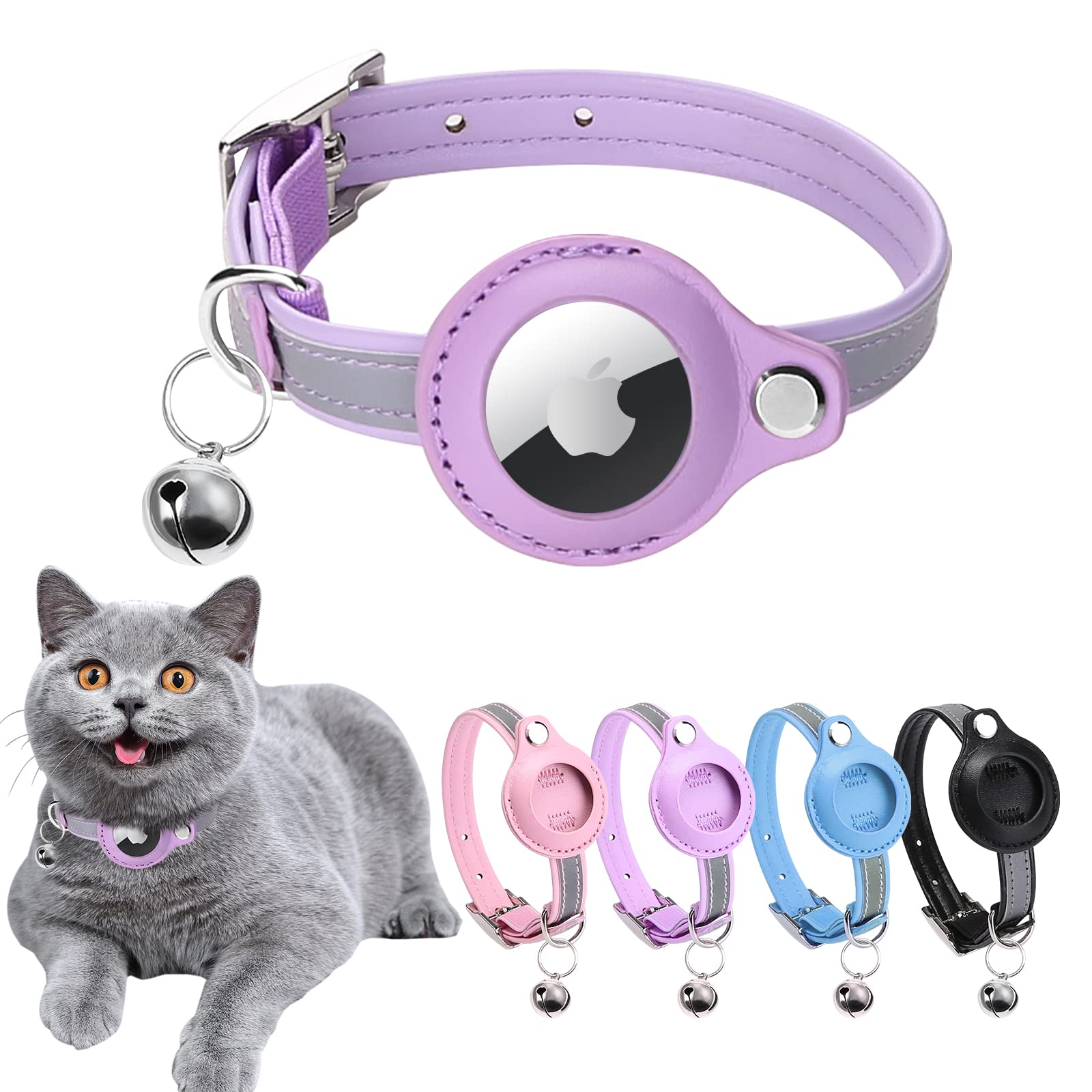 Qpets® Compatible with AirTag Cat Collar Fashion PU Adjustable Car Collar with AirTag-Compatible Holder, Anti-Lost Night Reflective Car Collar, M