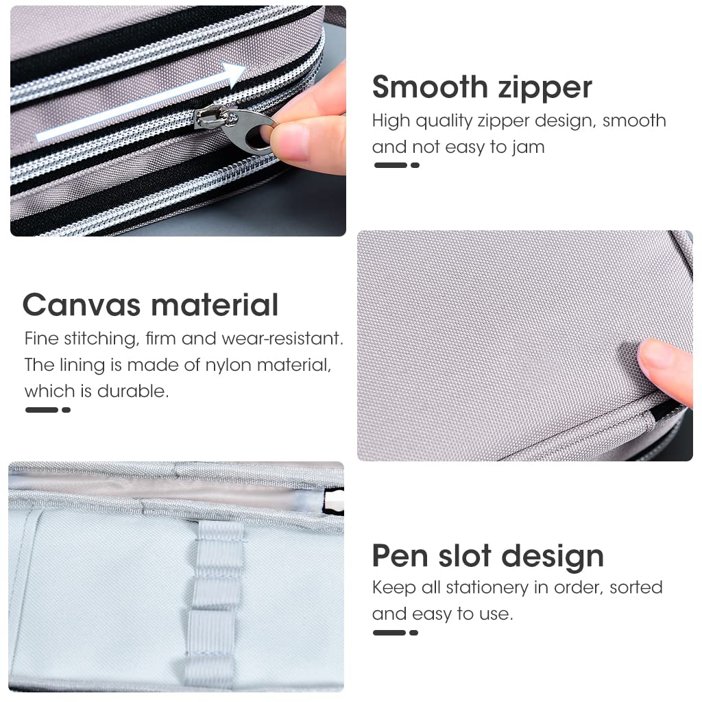 Climberty Large Capacity Pencil Case, 3 Layers of Storage 3 Metal Zippers, Portable Durable Pen Pencil Case with Handle, Aesthetic Pencil Case for School Supplies Office Teen Girls Adults (Grey)