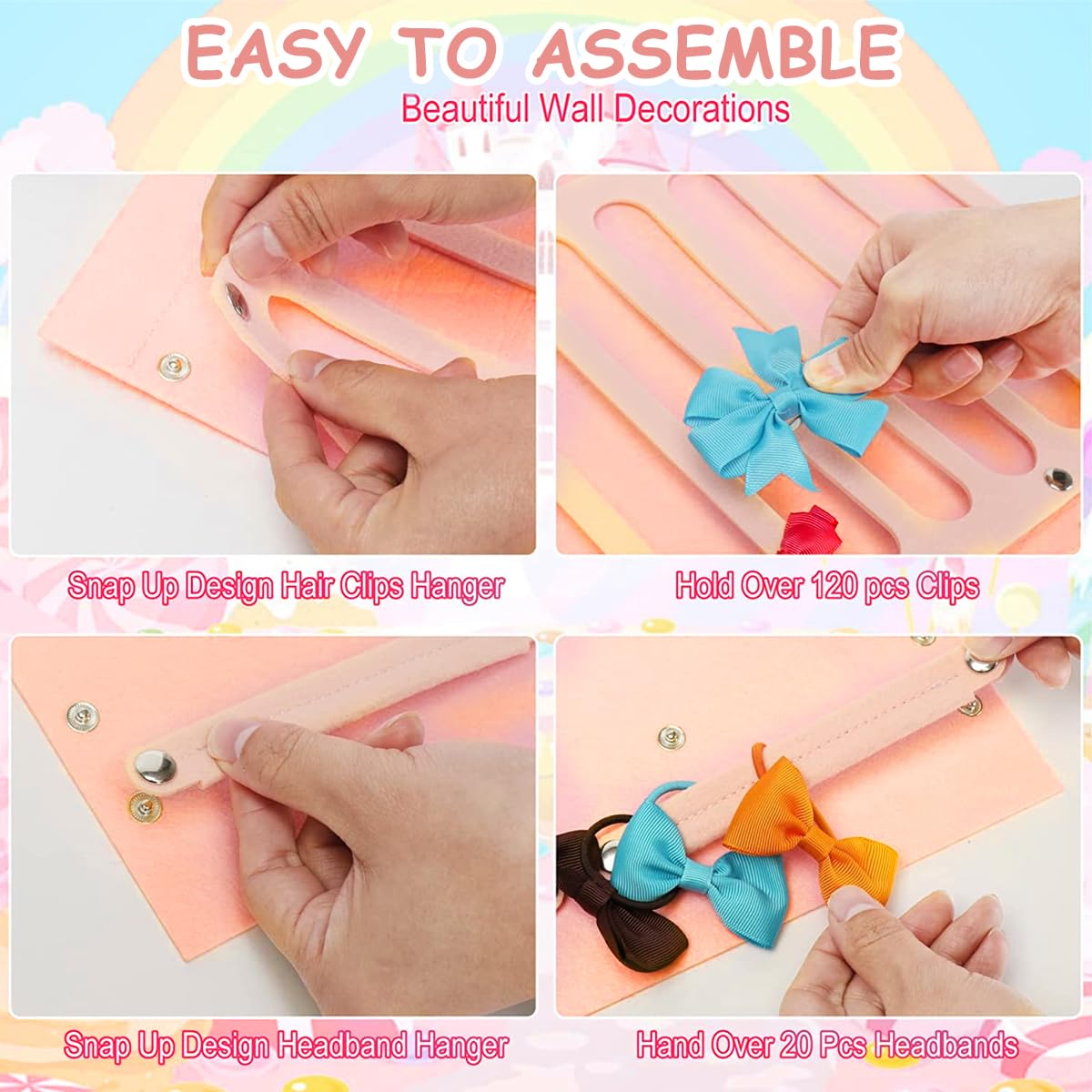 HASTHIP Hair Bows Holder for Baby Girls with 16 Ribbons and 2 Snap Straps | Soft Felt Wall Organizer 26x13.7 in