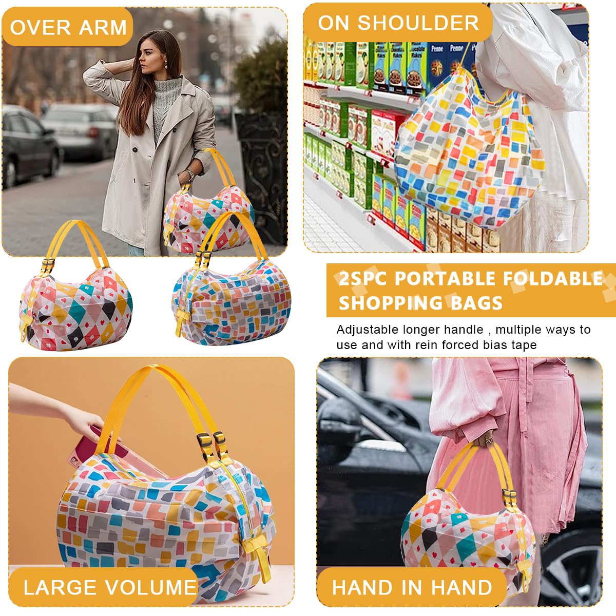 MAYCREATE Grocery Shopping Bag for Daily Use with Dual Strap Design and 40×40cm Capacity | Foldable Nylon Shoulder Tote 2pcs