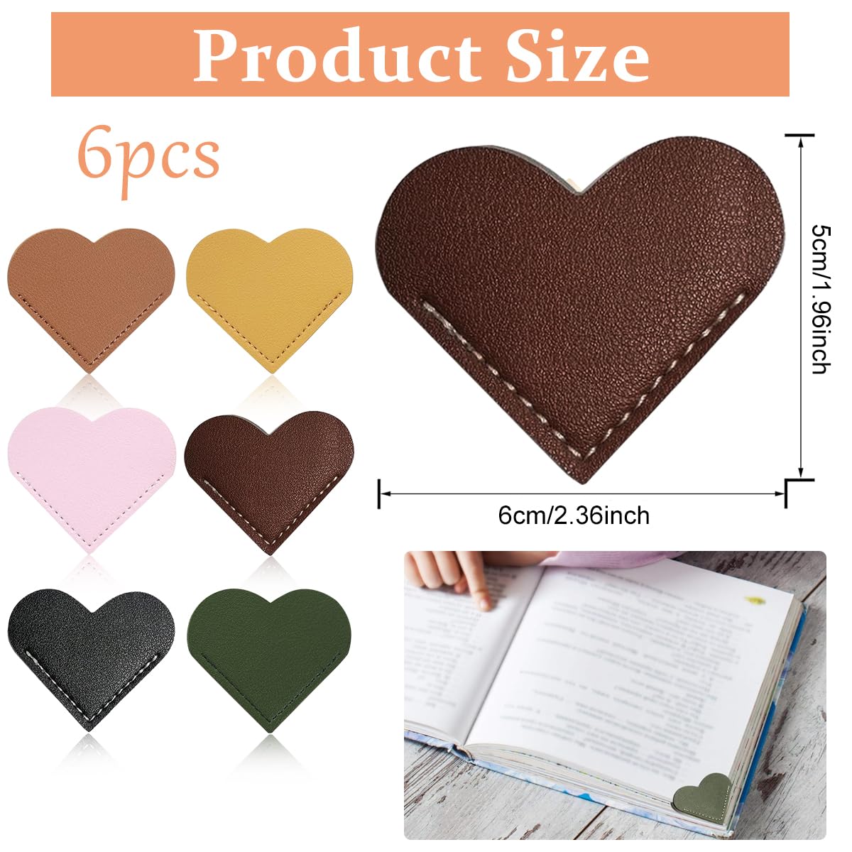 Climberty® Leather Heart Bookmark - 6Pcs Corner Page Book Marks for Women and Kids, Book Accessories for Reading Lover, Cute Handmade Book Reading Gift for Book Lovers (6 x 5.5 cm, Multi-Color)