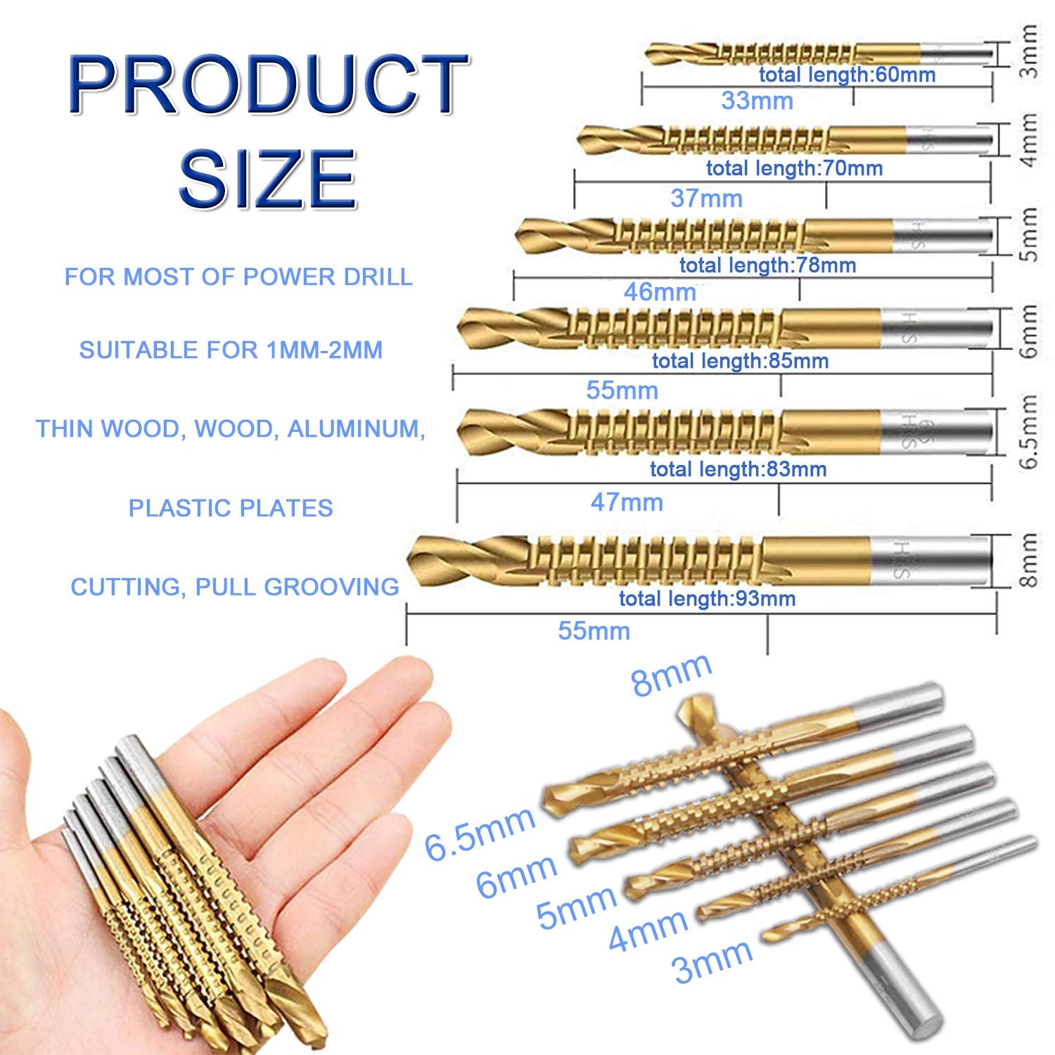 ZIBUYU Titanium Coated HSS Twist Drill Milling Bits - 3-8mm Serrated Grooving Cutting Carpenter Side Cutting Tap Spiral Saw Drill Bit Woodworking Wood Metal Plastic Hole Holesaw Tool (6pcs)