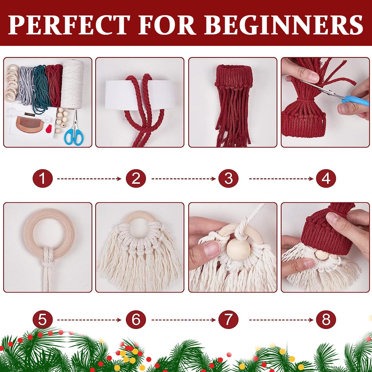 HASTHIP® DIY Santa Claus Kit DIY Macrame Santa Claus for Christmas Tree Decor Christmas Tree Hanging Gnomes Santa Elf Christmas Decorations 6 Set