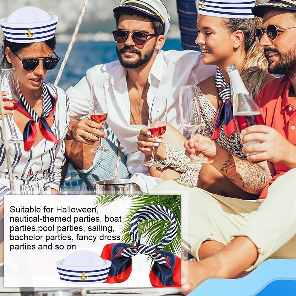 PATPAT Sailor Hat and Scarf Set for Theme Parties with 58cm Cap Fit | Blue White Nautical Style
