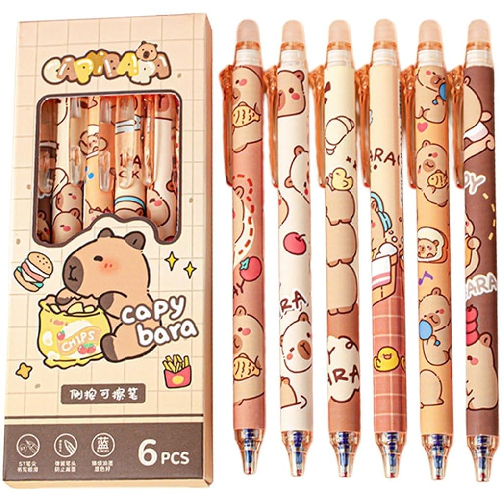 Climberty® 6Pcs Erasable Gel Pens Click Erasable Gel Pens with Rubber Eraser Cap Blue Ink Gel Pens Cute Cartoon Capybara Student Writing Pens Office Stationeries Gift Set
