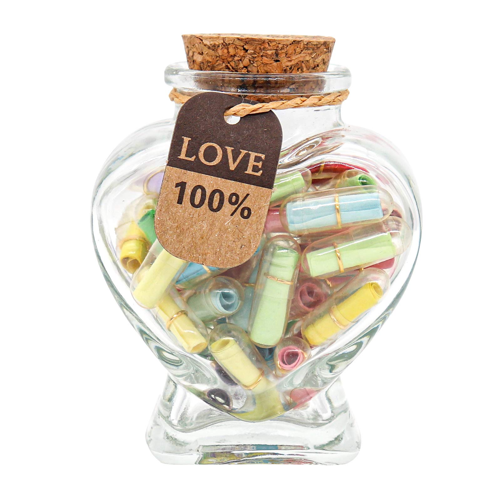 HASTHIP® Couple Gift, Letters Message in a Bottle, Romantic Heart Shaped Glass Drift Bottle for Girlfriend - Love Letter for Anniversary, Birthday, Valentines Day (45pcs, love message rolls)