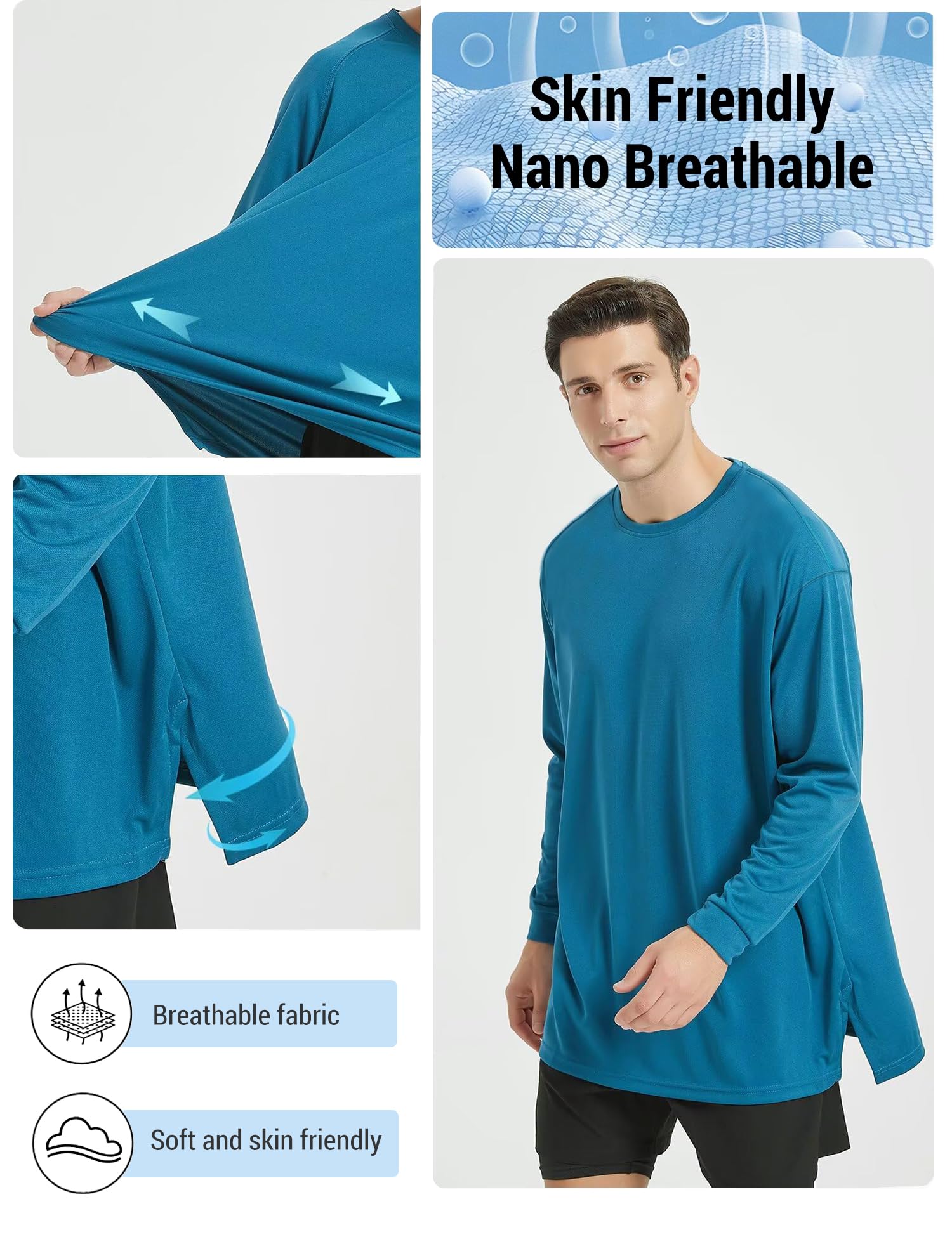 SANNIDHI Men's Crew Neck T Shirt for Running and Daily Wear with Moisture Wicking Fabric | Peacock Blue Long Sleeve Pullover