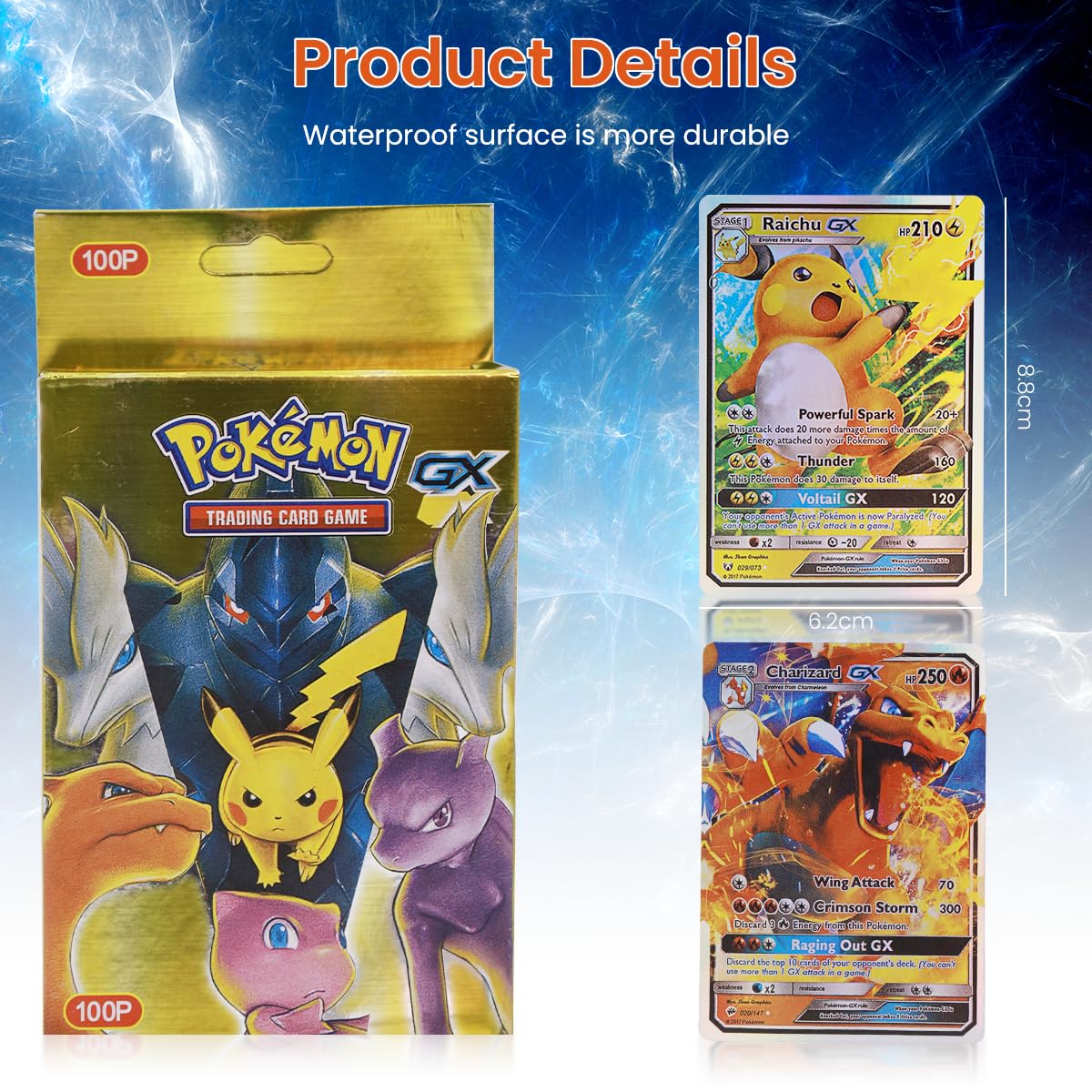 PATPAT Pokemon Cards 100 Pcs for Collectors with Foil Laser Effect and Handy Storage Box