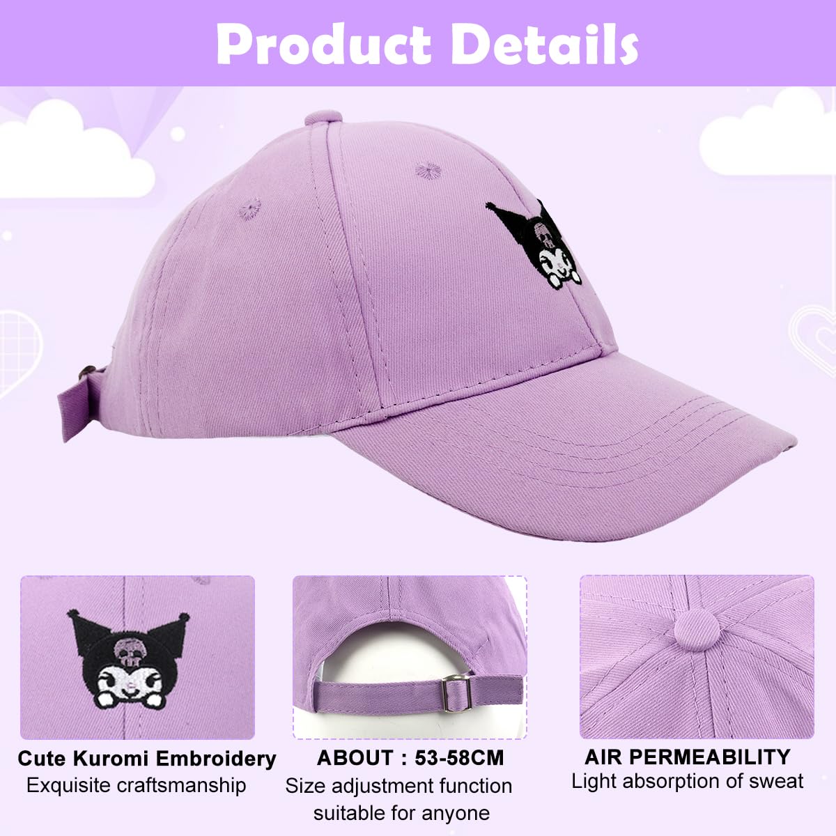 SNOWIE SOFT® Hat for Girls Cute Kuromi Sun Cap for Girls Kids Cartoon Embroidery Cap Breathable Cotton Sport Cap Wide Brim Sun Cap 48-54cm Adjustable Head Size Gift for Girls 2-8 Years Old