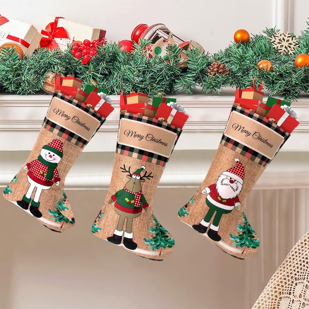 HASTHIP Christmas Stockings 3pcs 16 inch Linen Set for Fireplace and Tree | Elk Snowman Santa Design