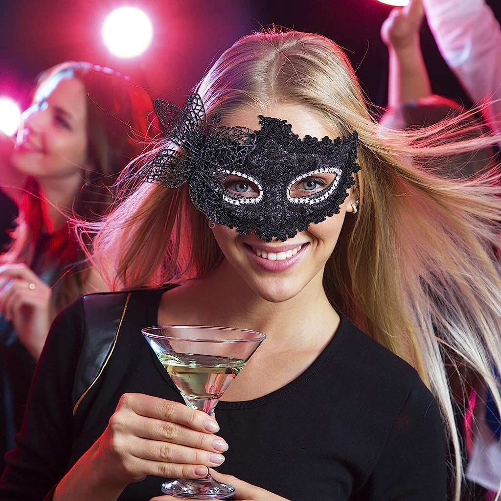 PATPAT Set of 2 Masquerade Masks for Women with Cat Ears Headband 18×16cm Lace Eye Mask | Ideal for Halloween and Carnival Parties