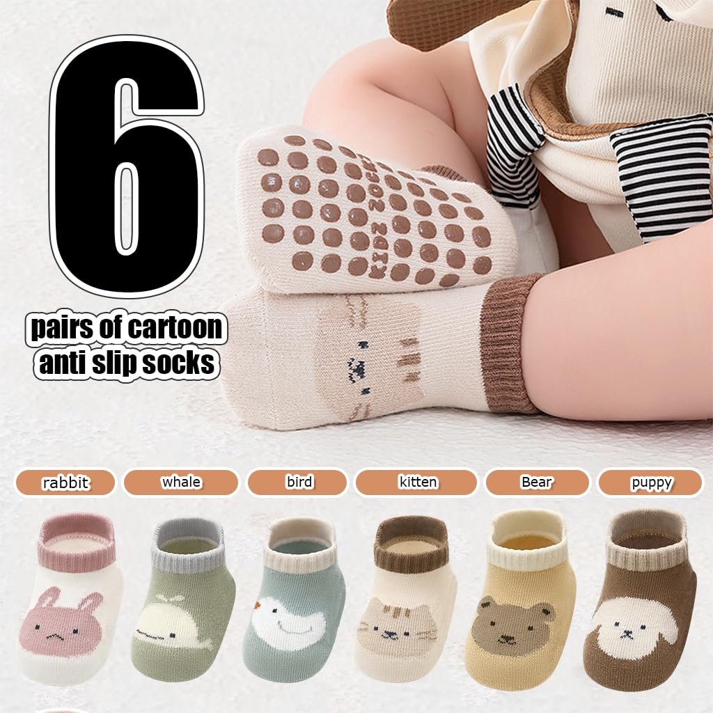SNOWIE SOFT baby cartoon socks for 0–1 year | 6 pairs breathable cotton with anti skid soles