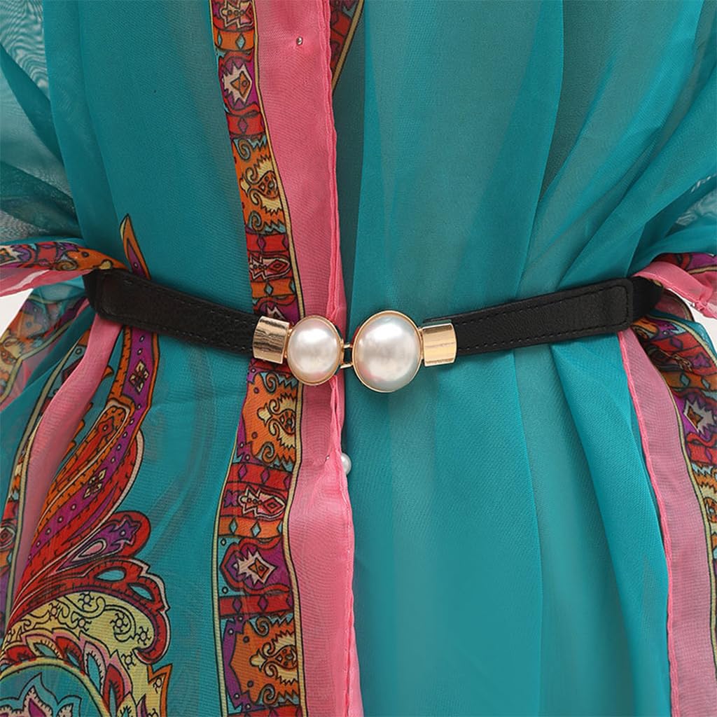Zibuyu Womens Skinny Stretchy Waist Belt with Gold Pearl Buckle for Dresses and Formal Outfits
