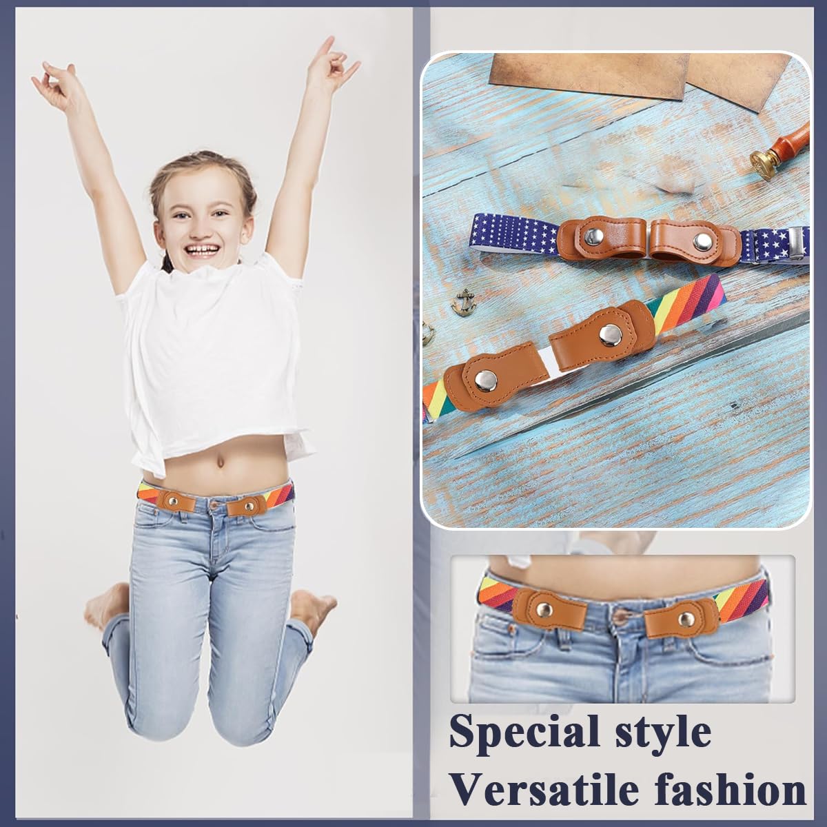 SNOWIE SOFT® 2Pcs Kids Adjustable Waist Belt Buckle Free Webbing Nylon Stretchy Jeans Belt with Snap Button Closure Buckle Free Fashion Print Waist Belt for Boys and Girls