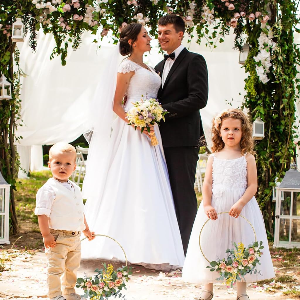 HASTHIP Floral Hoops for Wedding and Party Centerpieces featuring 12 in Metal Rings with Wooden Holders | Set of 6 Gold Table Decor