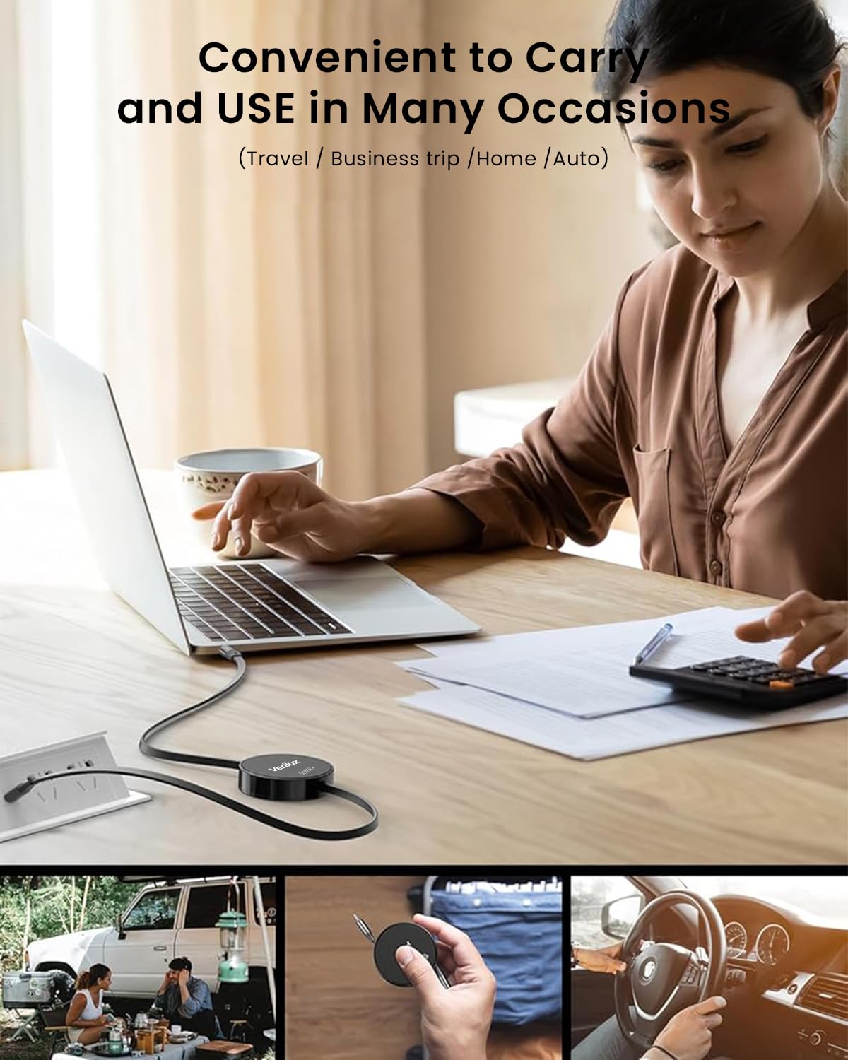 Verilux USB C to USB C Retractable Cable 3.3ft with 240W PD Fast Charging | Black