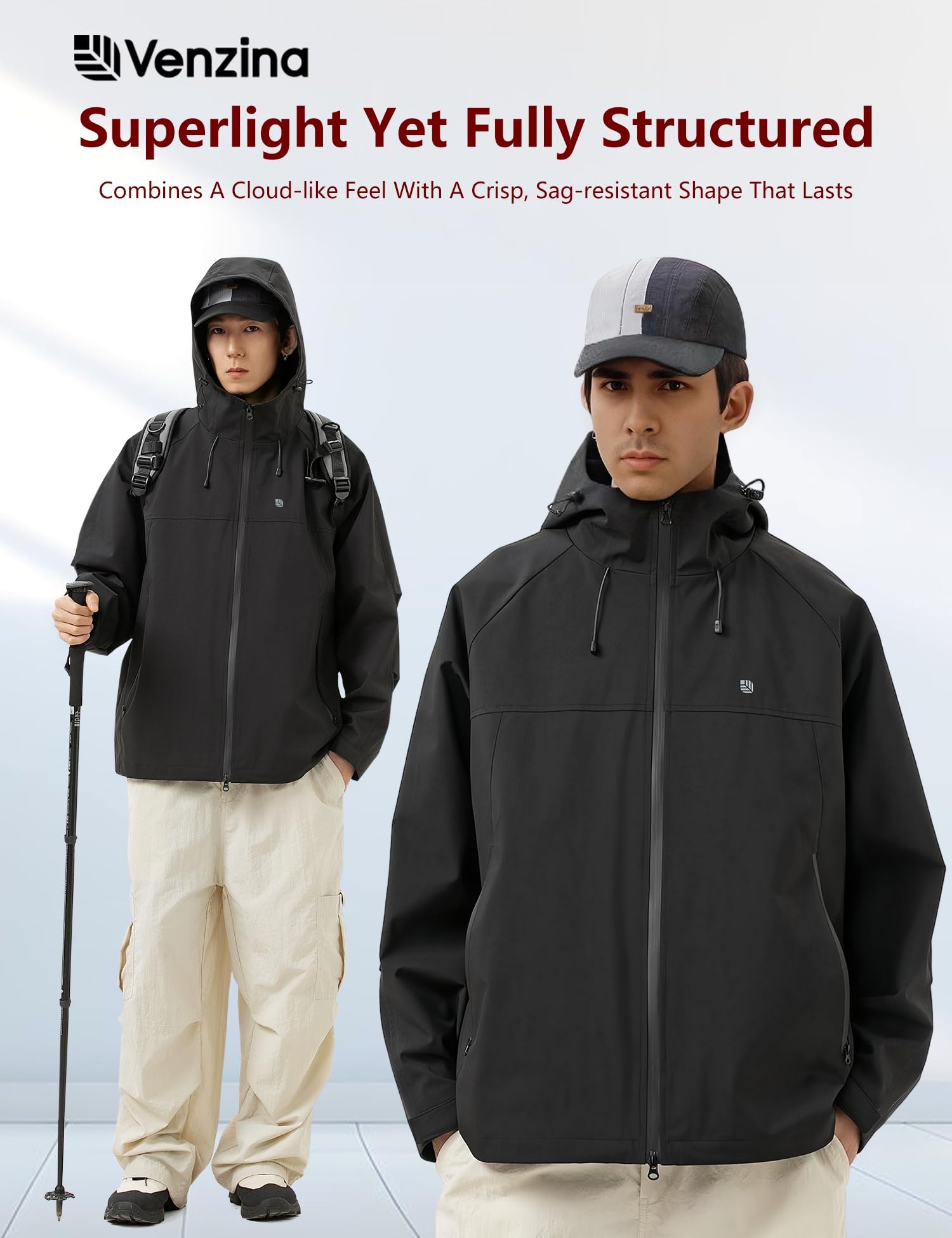 Venzina Men's Waterproof Windbreaker for Hiking and Cycling featuring 75D Fabric & Hood | Black Jacket