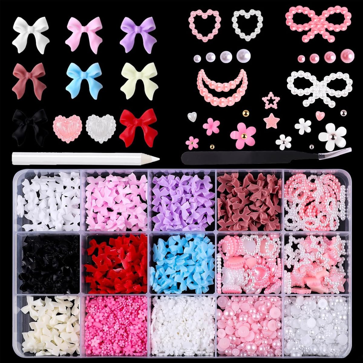 MAYCREATE Nail Charms Set for DIY Nail Art with 1000 pcs 15 Grid Box and Flatback Pearls