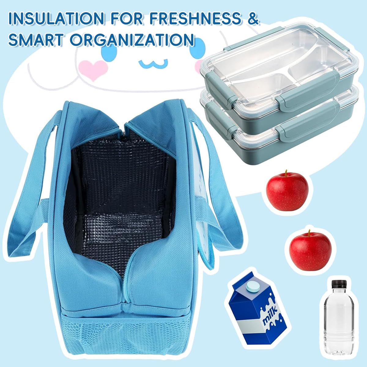 HASTHIP Lunch Bags for Kids with 20x13x24cm Insulated Interior and Waterproof Oxford Cloth | Cinnamoroll Cartoon Tote for School and Outdoor Meals