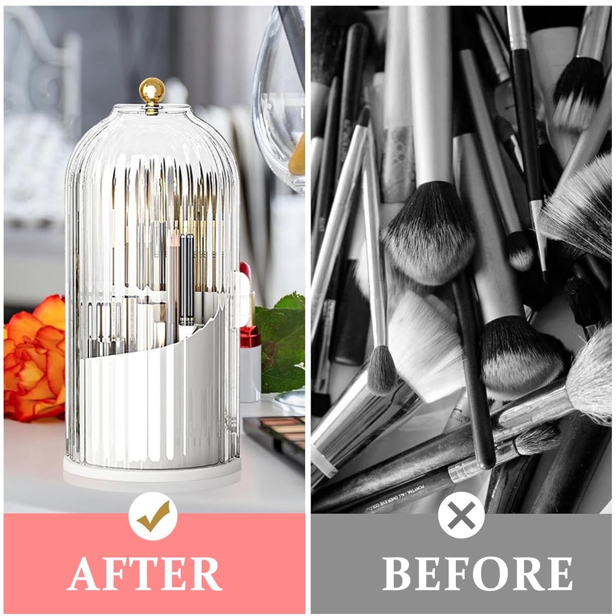 MAYCREATE Makeup Brush Holder for Vanity with 360° Rotatable 3 Grid Design | Clear Lid 12.2×27 cm Plastic Organizer